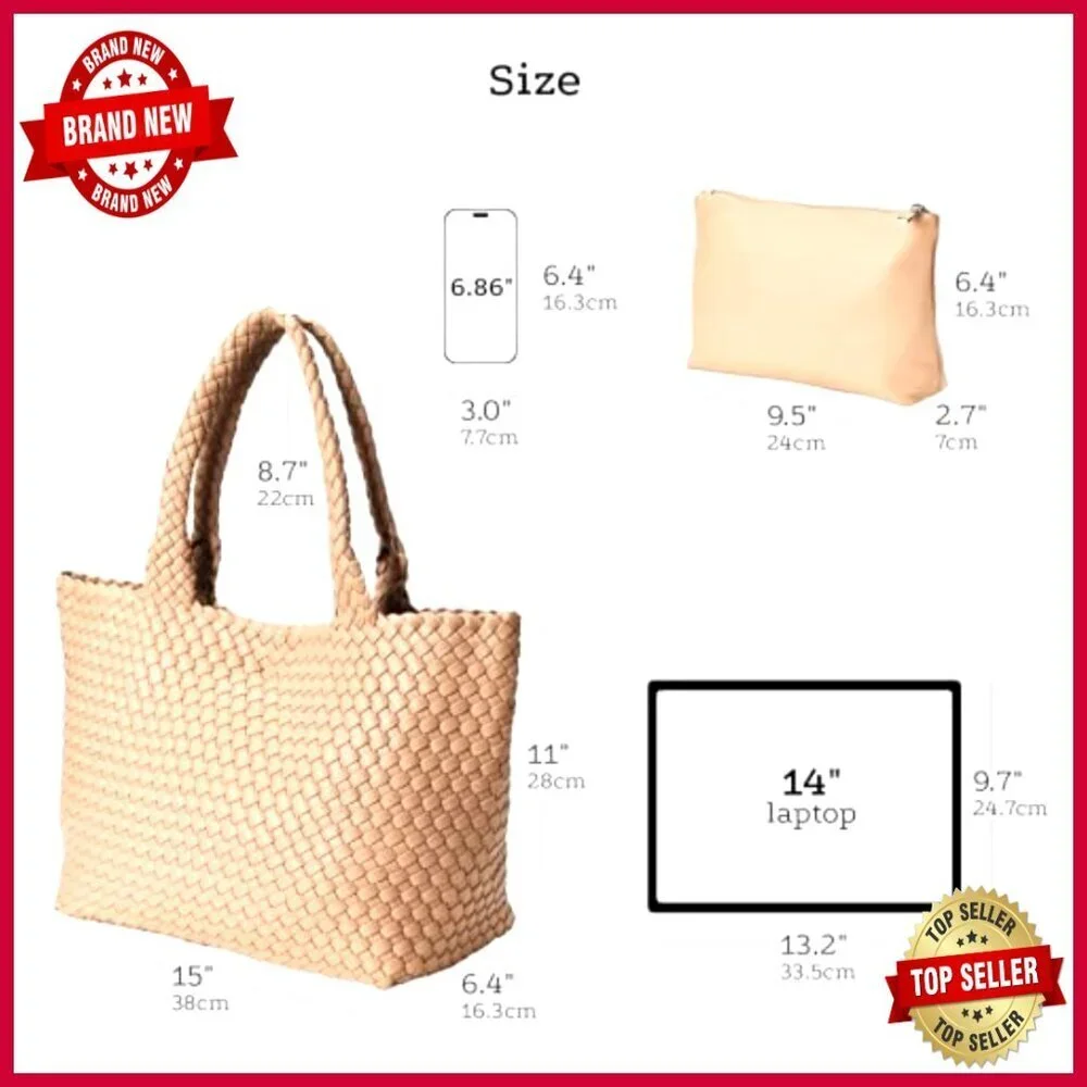 Large Woven Vegan Leather Tote Bag with Inner Zipper Pouch